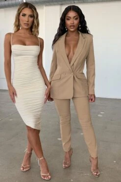 High Waisted Tailored Trousers In Tan -Glam Dress Store new