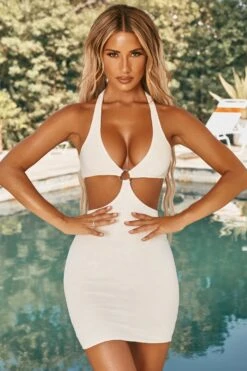 Darany Plunge Hoop Detail Cut Out Mini Dress In Ivory -Glam Dress Store ns0027 3 darany ivory cutout ring detail bodycon minidress 1